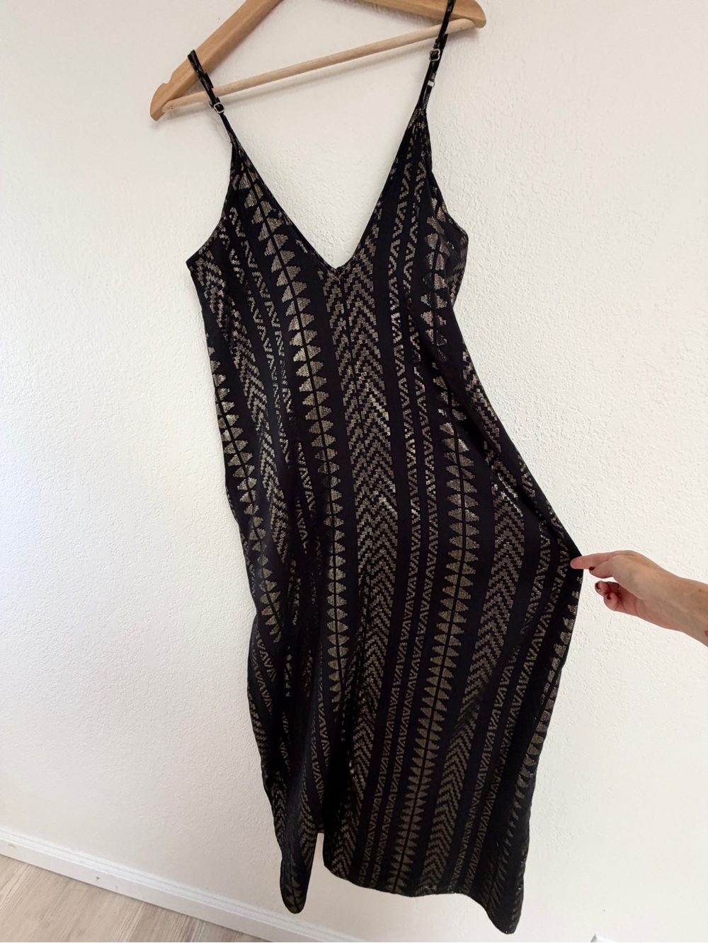 ELAN black metallic gold boho print strappy maxi resort sun dress / size M - Picture 6 of 11